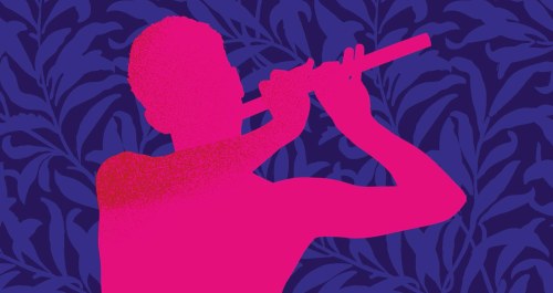 Silhouette rose vif d'un faune jouant de la fûte. En fond, un motif de feuillages bleus.