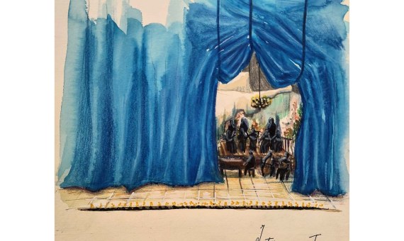 Dessin de scène : rideaux bleus s'ouvrant sur un groupe de personnes